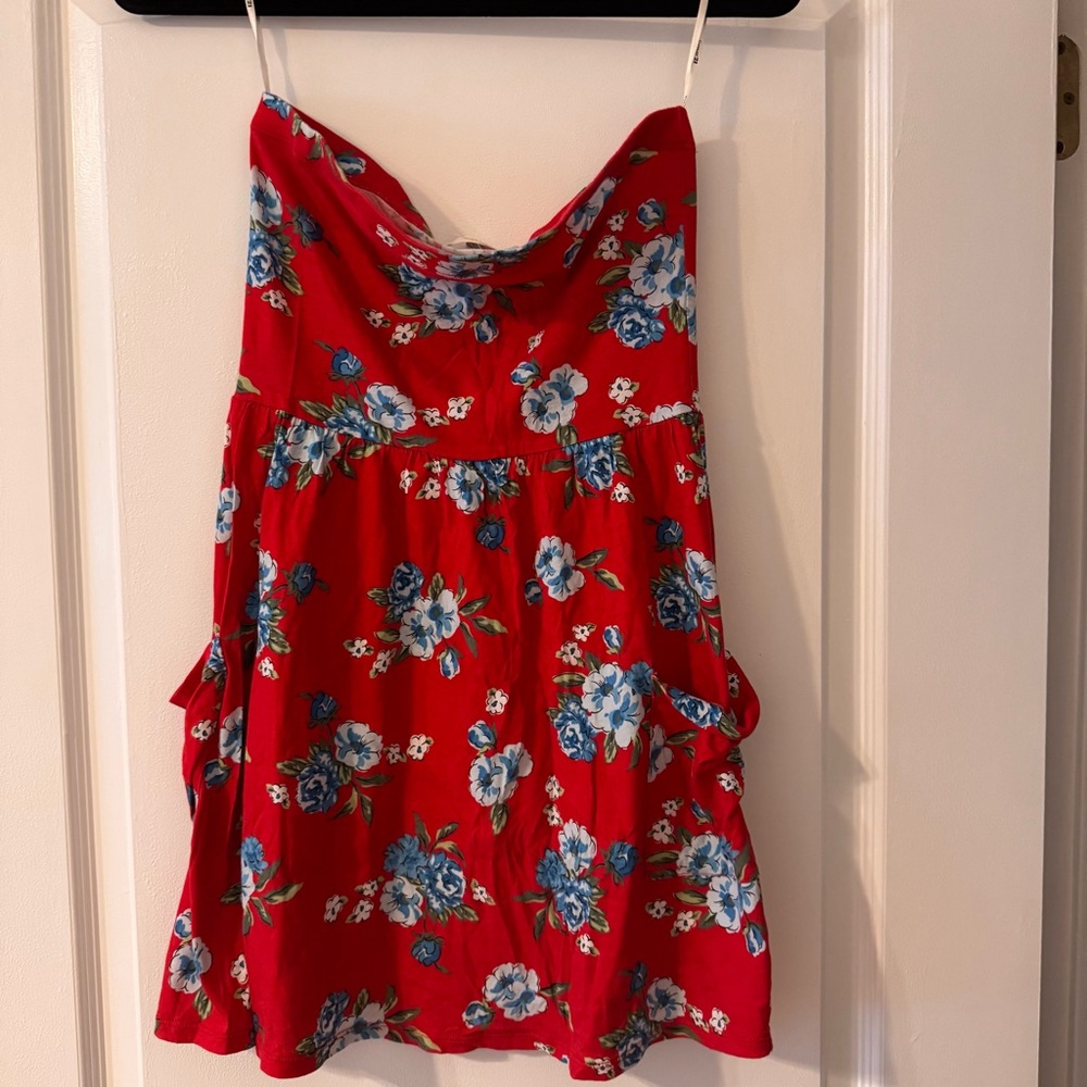 Red Floral Strapless Dress/ shirt with Blue & White Blooms